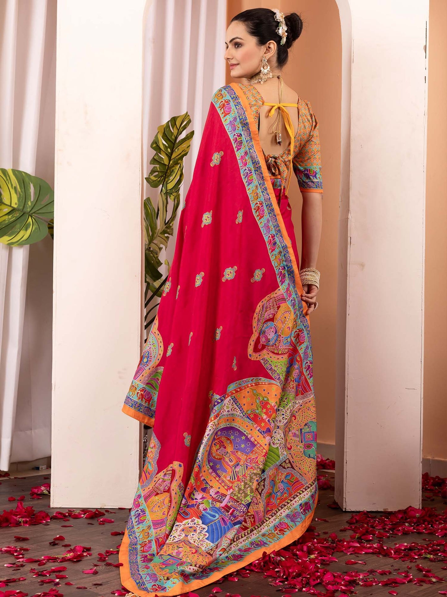 Pink Tussar Silk Blend Printed Saree