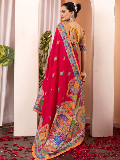Pink Tussar Silk Blend Printed Saree