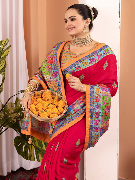 Pink Pink Tussar Silk Blend Printed Saree