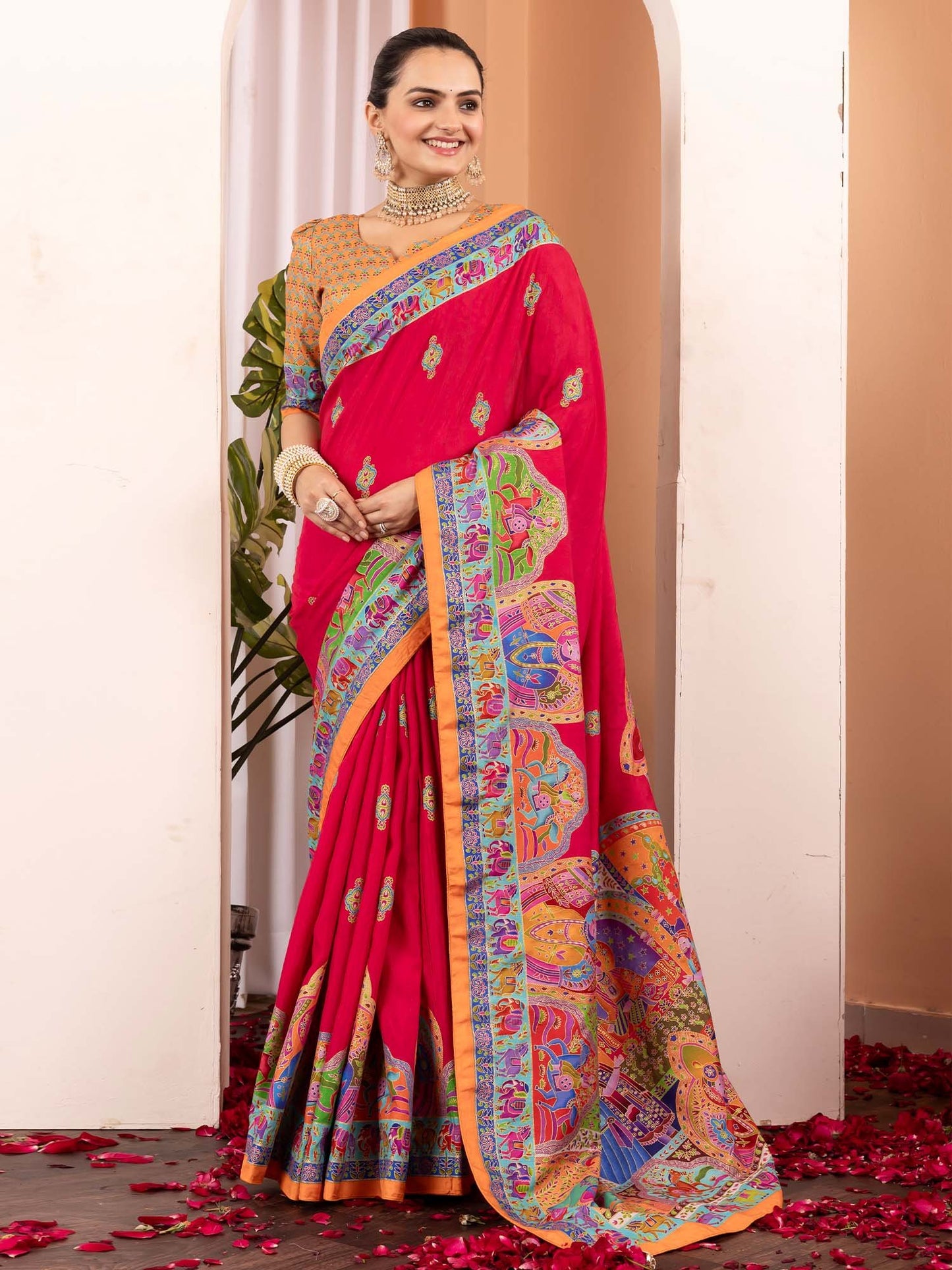 Pink Tussar Silk Blend Printed Saree