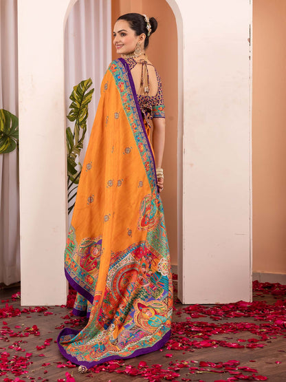 Mustard Tussar Silk Blend Printed Saree