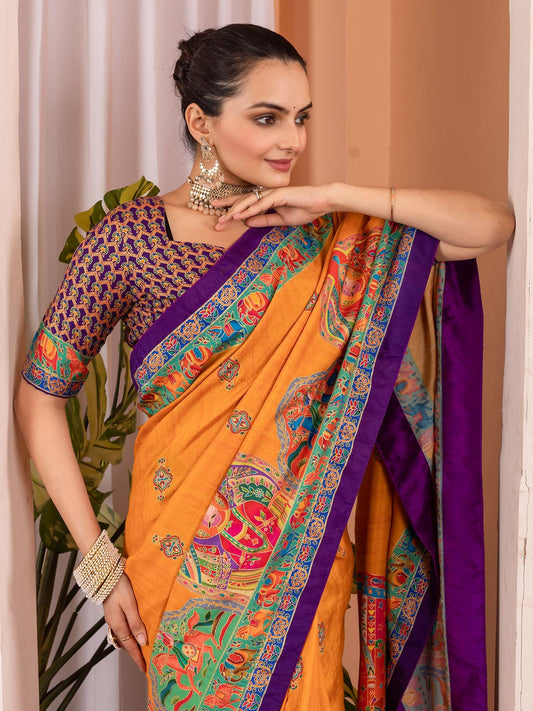 Yellow Mustard Tussar Silk Blend Printed Saree