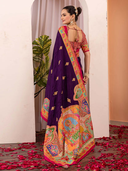 Purple Tussar Silk Blend Printed Saree