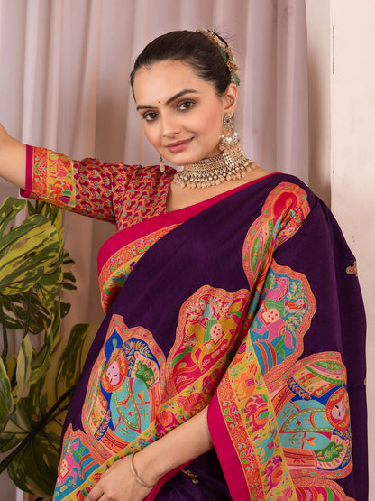 Purple Tussar Silk Blend Printed Saree