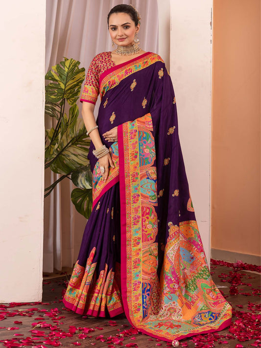 Purple Purple Tussar Silk Blend Printed Saree