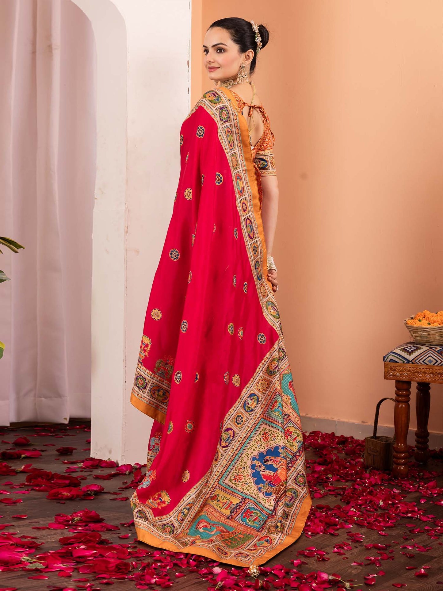 Pink Tussar Silk Blend Printed Saree