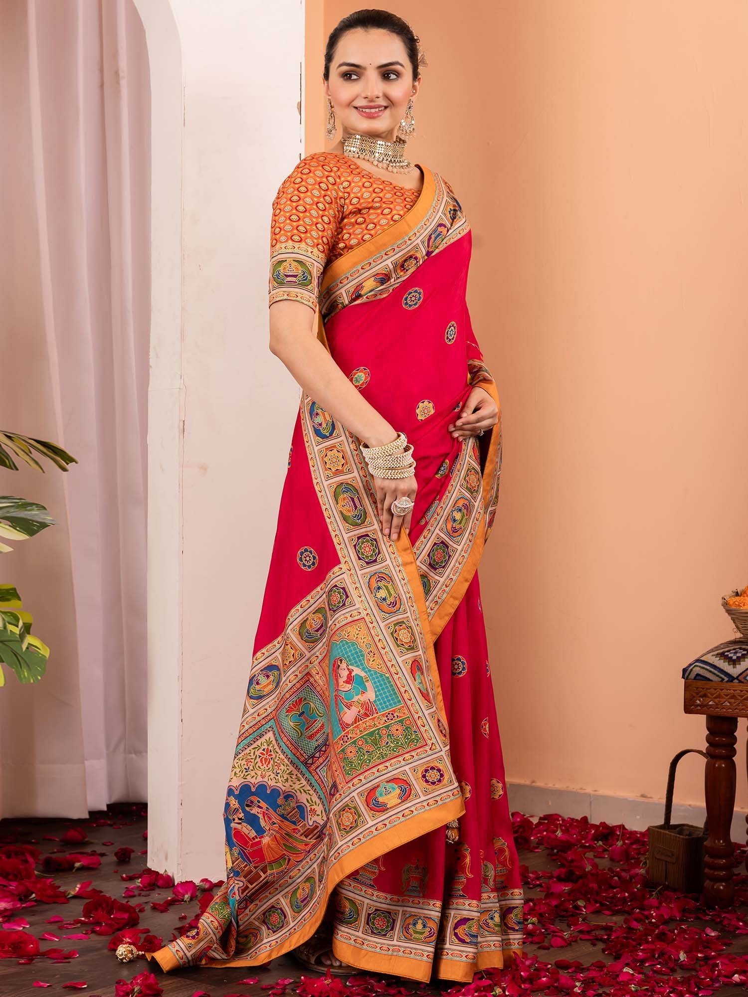 Pink Pink Tussar Silk Blend Printed Saree