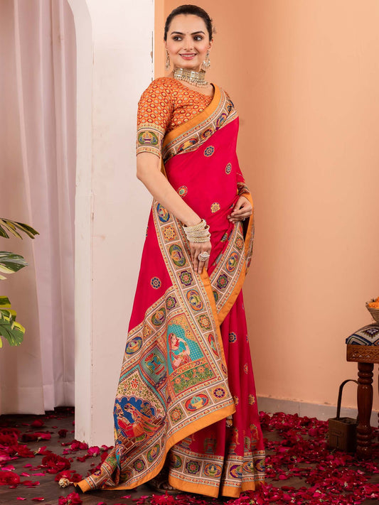 Pink Pink Tussar Silk Blend Printed Saree
