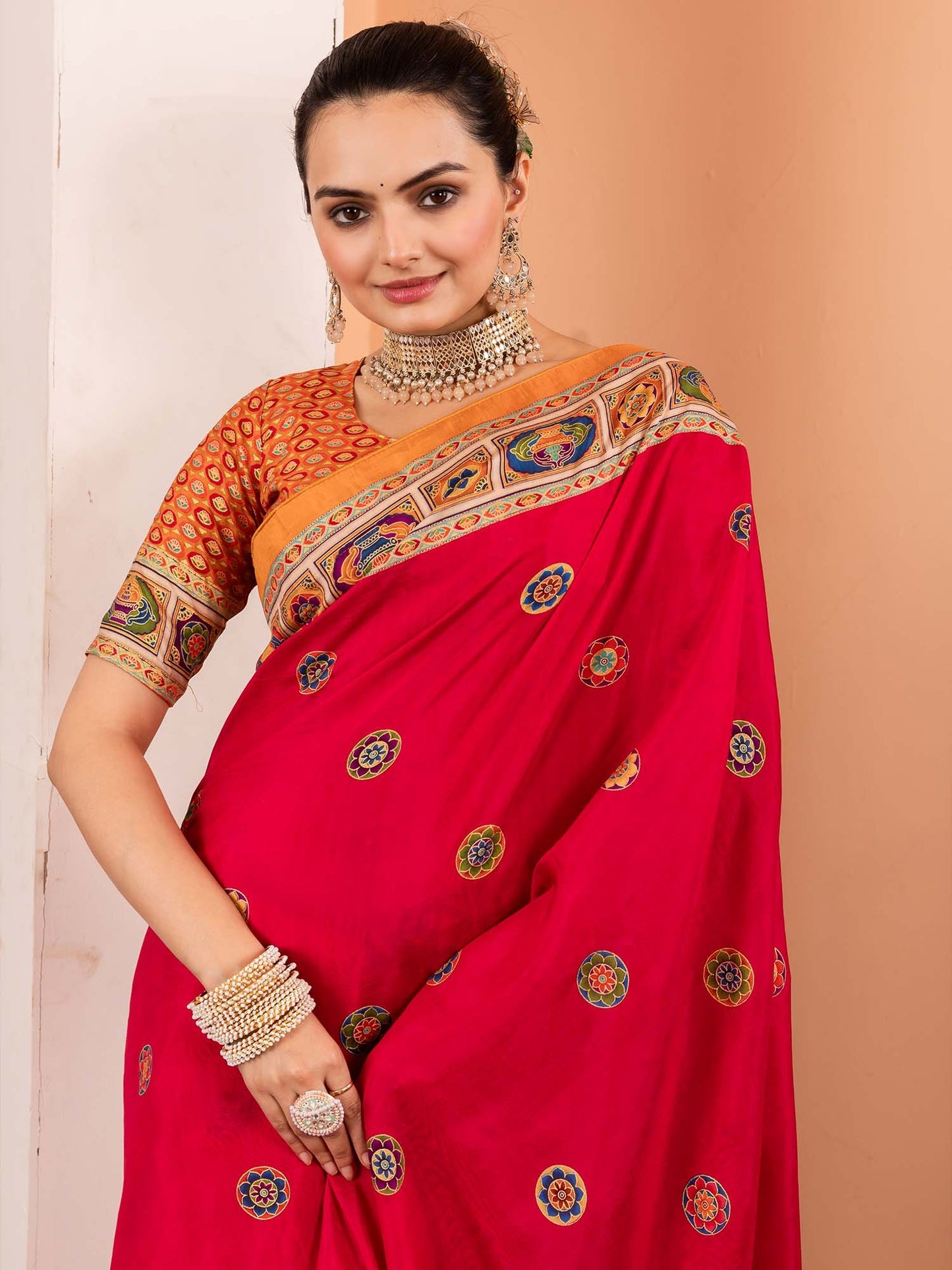 Pink Tussar Silk Blend Printed Saree