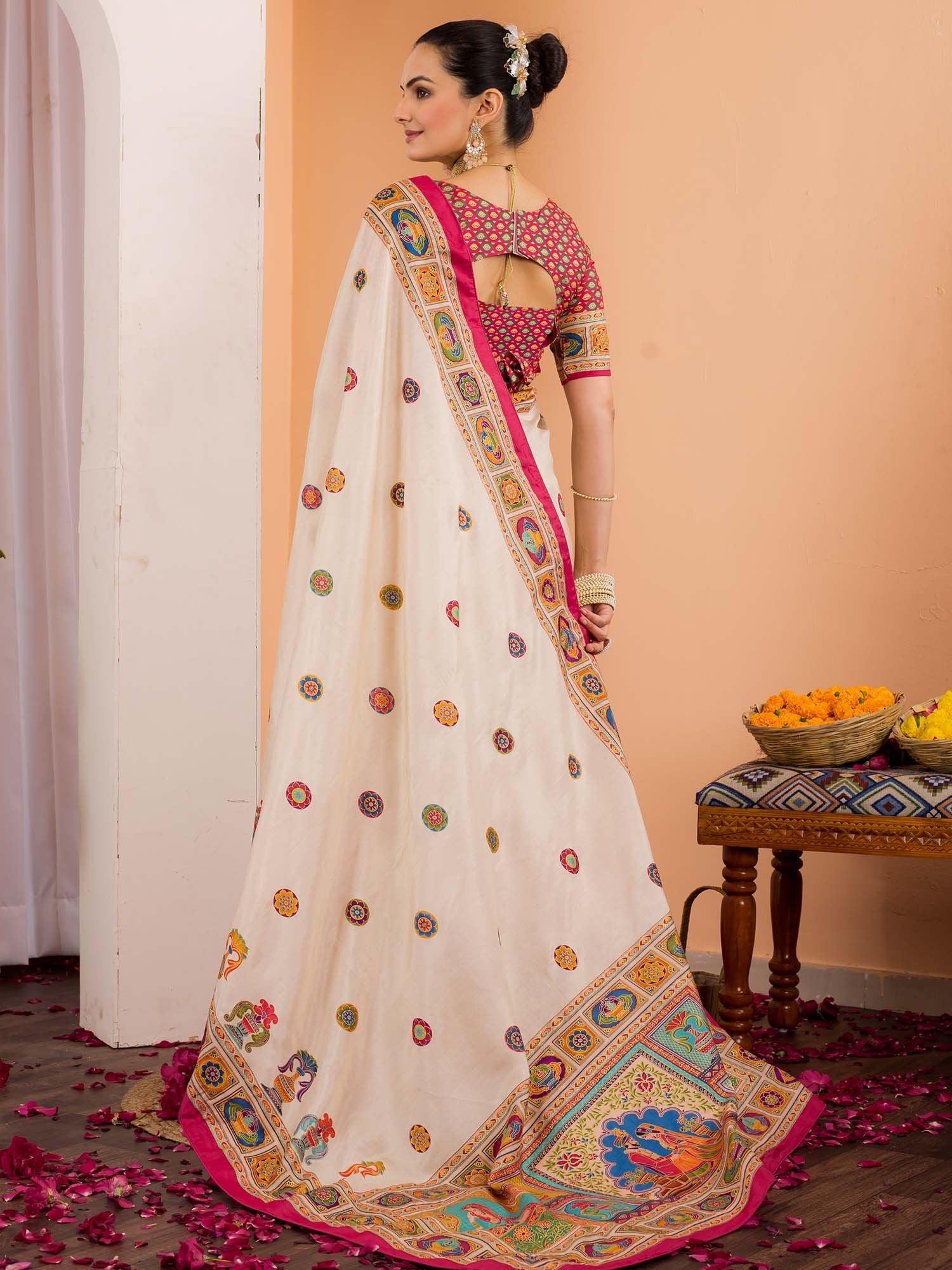 Cream Tussar Silk Blend Printed Saree