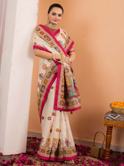 Cream Cream Tussar Silk Blend Printed Saree