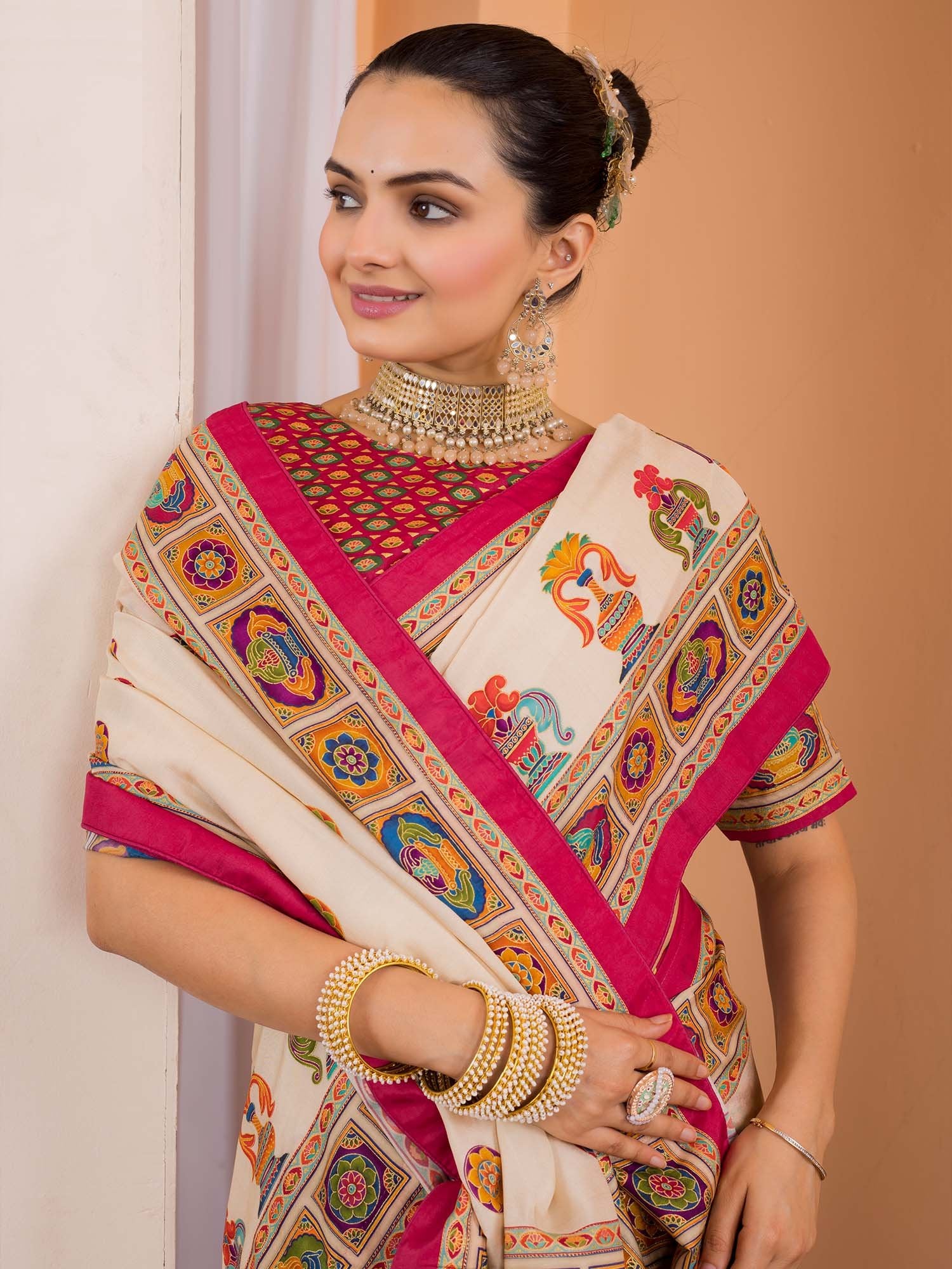 Cream Tussar Silk Blend Printed Saree