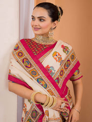 Cream Tussar Silk Blend Printed Saree