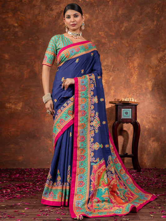 Blue  Navy Tussar Silk Blend Printed Saree