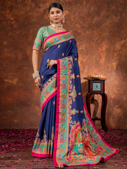 Blue  Navy Tussar Silk Blend Printed Saree