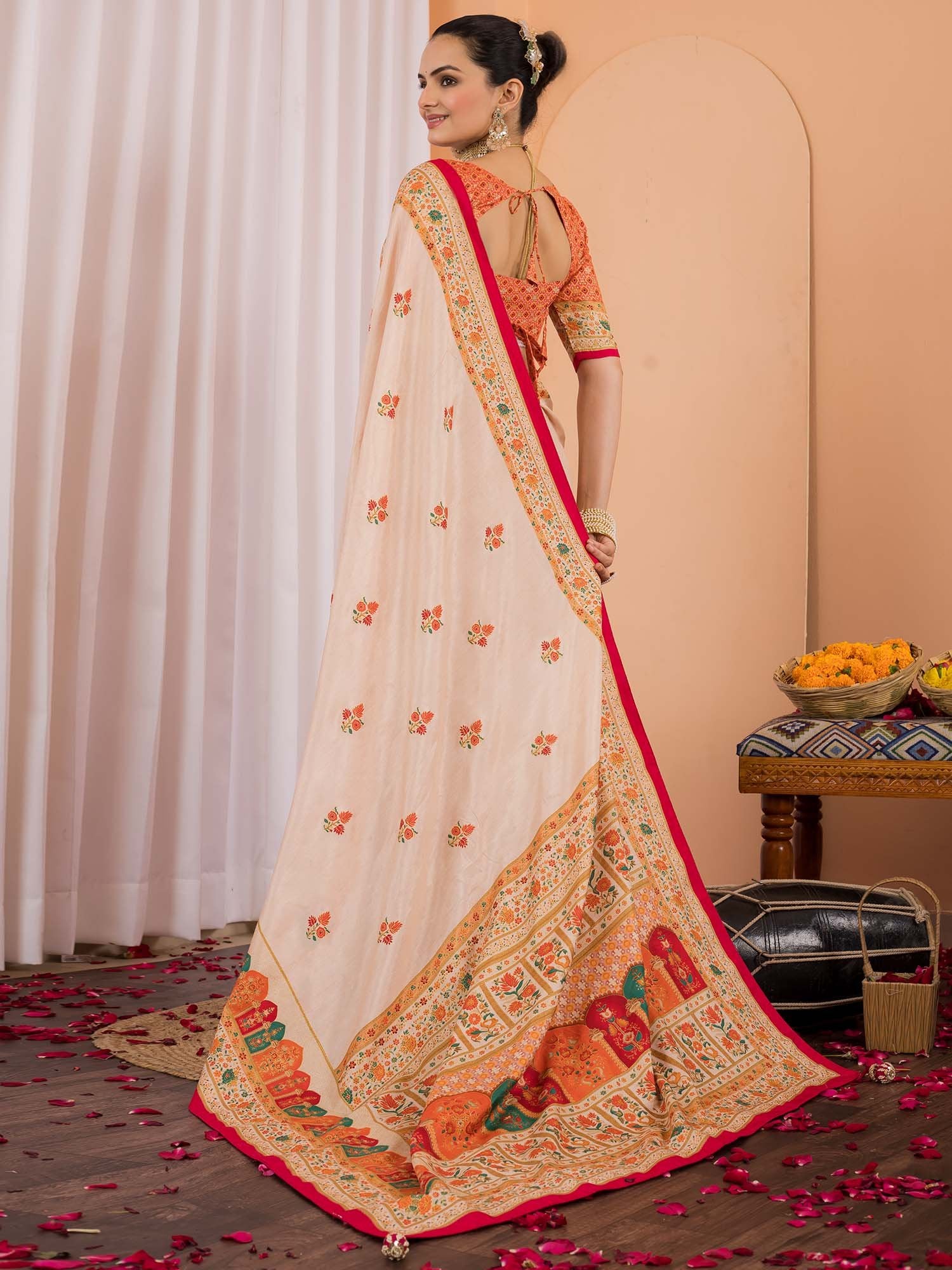 Cream Tussar Silk Blend Printed Saree