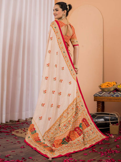 Cream Tussar Silk Blend Printed Saree