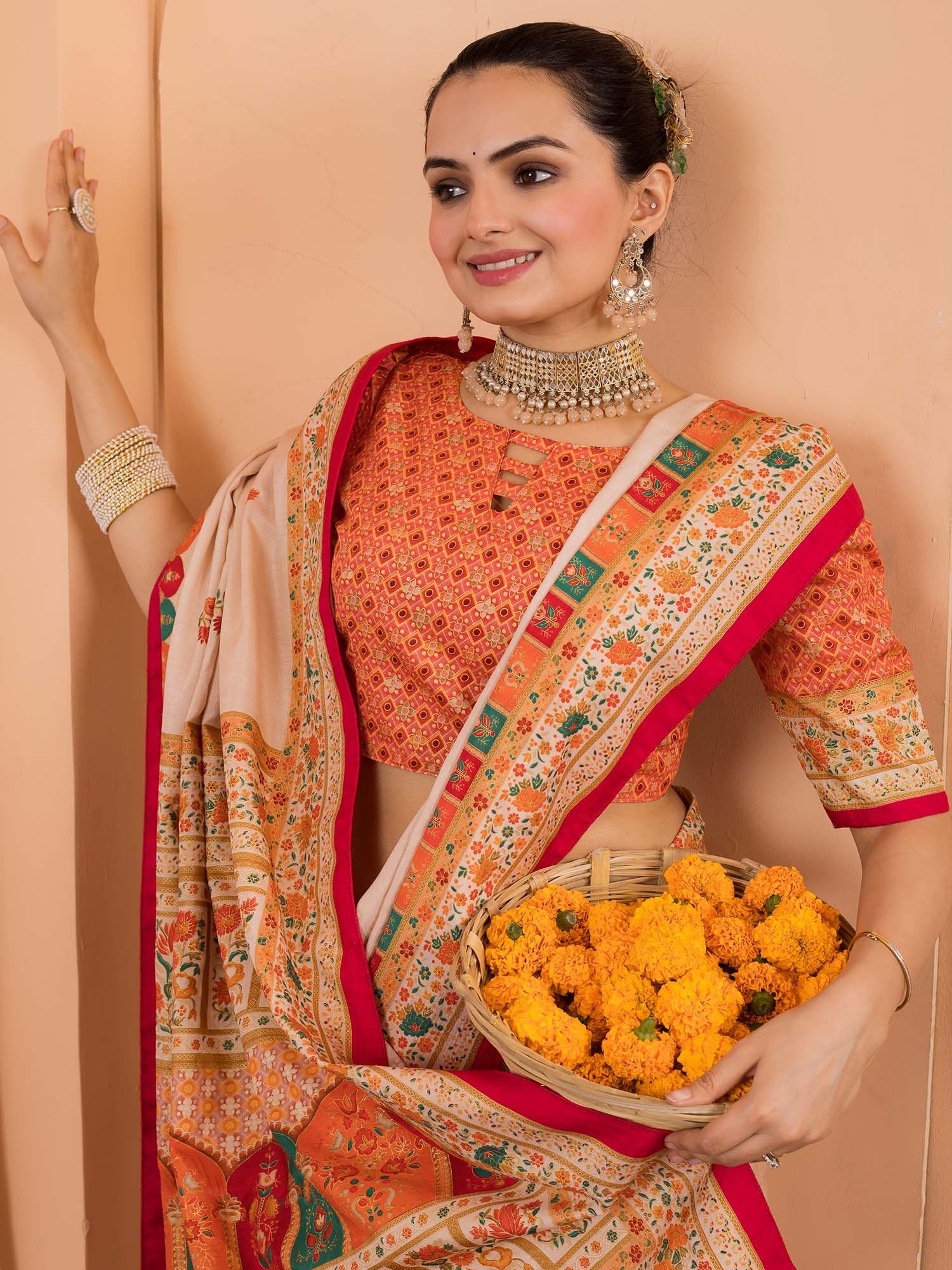 Cream Tussar Silk Blend Printed Saree