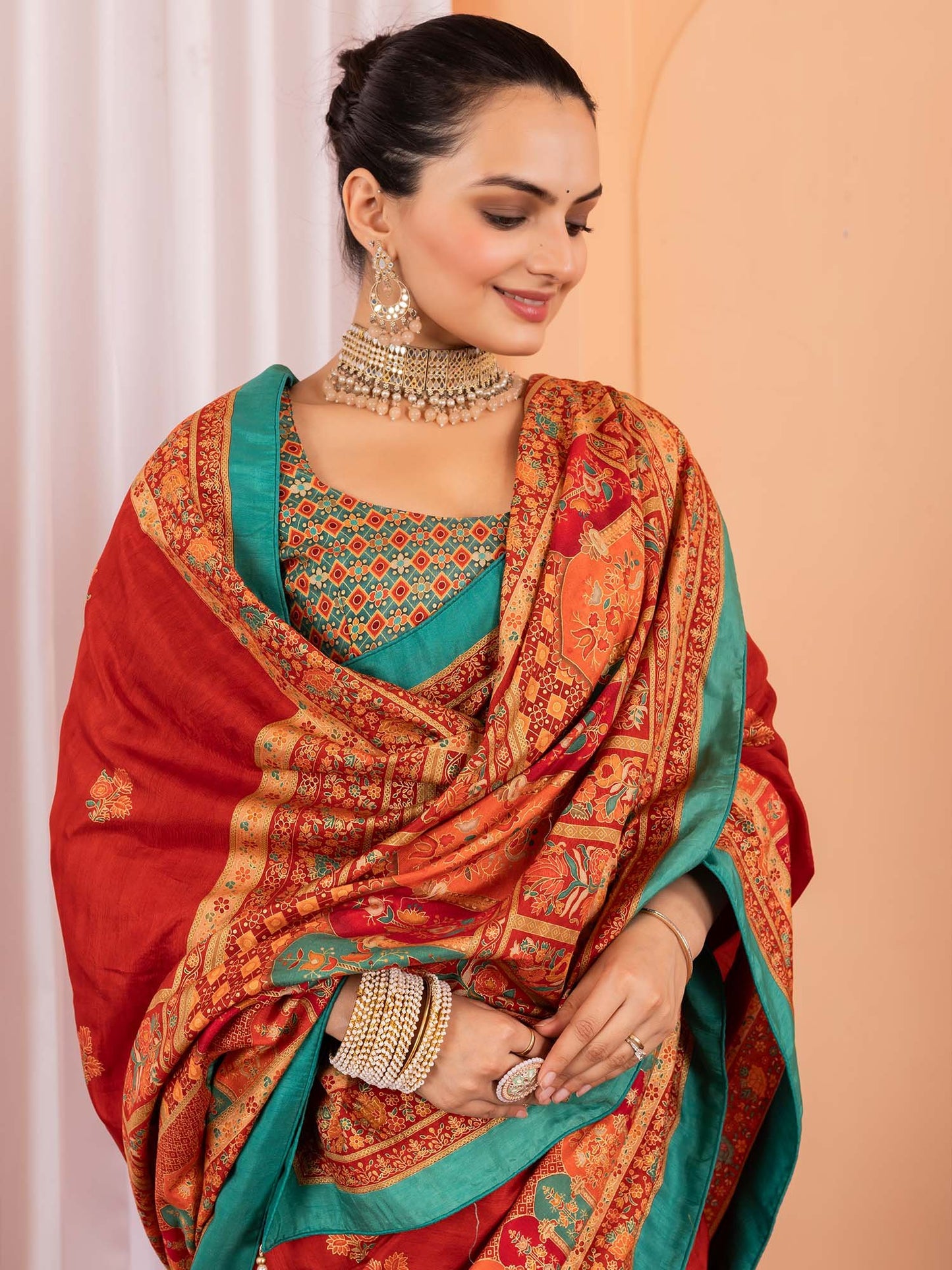 Rust Tussar Silk Blend Printed Saree