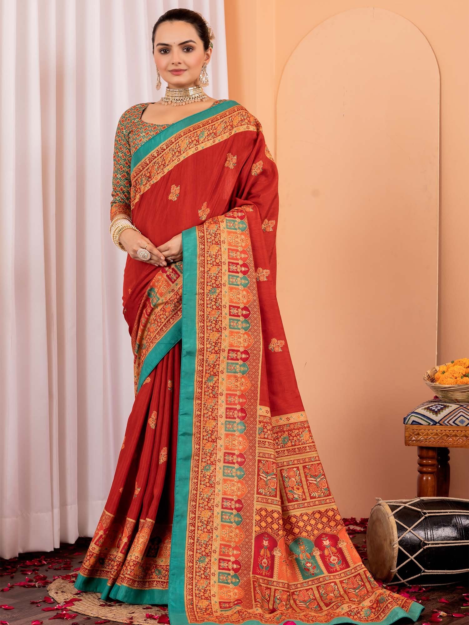Rust Rust Tussar Silk Blend Printed Saree
