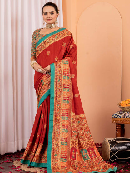 Rust Rust Tussar Silk Blend Printed Saree