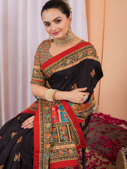 Black Tussar Silk Blend Printed Saree