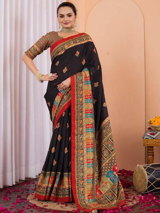 Black Black Tussar Silk Blend Printed Saree