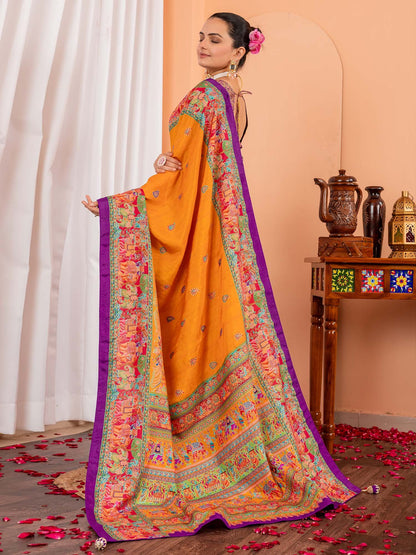 Mustard Tussar Silk Blend Printed Saree