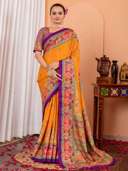 Yellow Mustard Tussar Silk Blend Printed Saree