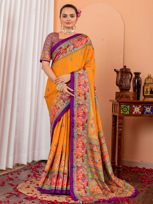 Yellow Mustard Tussar Silk Blend Printed Saree