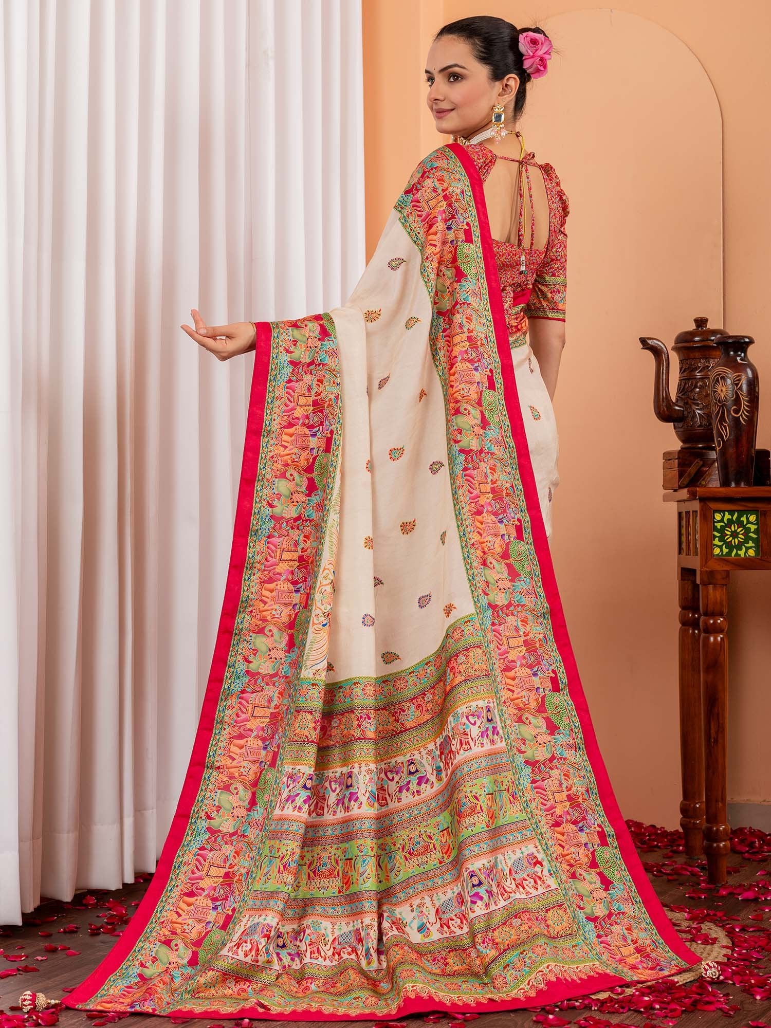 Cream Tussar Silk Blend Printed Saree