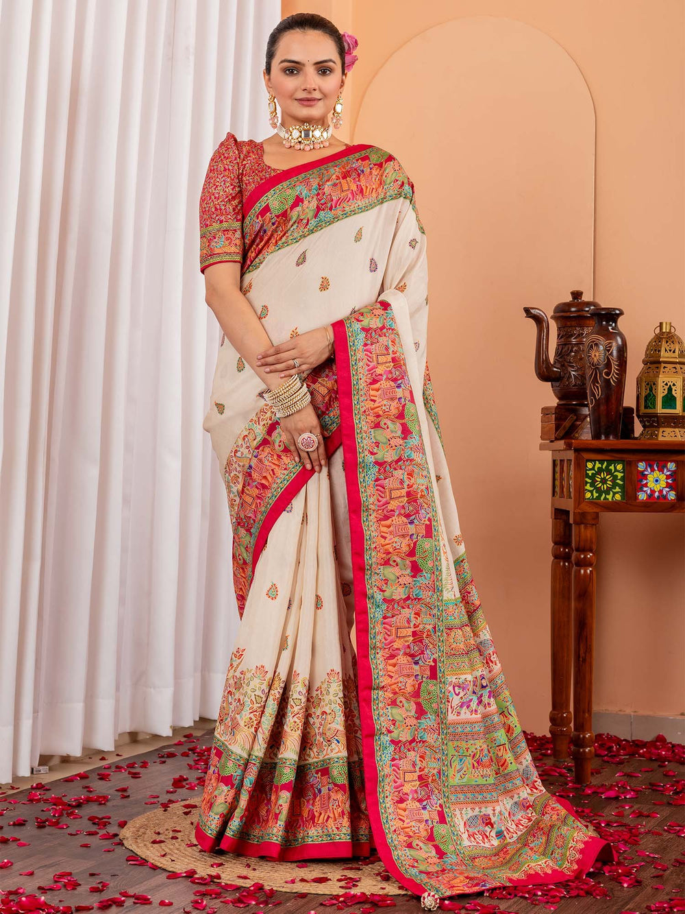Cream Cream Tussar Silk Blend Printed Saree