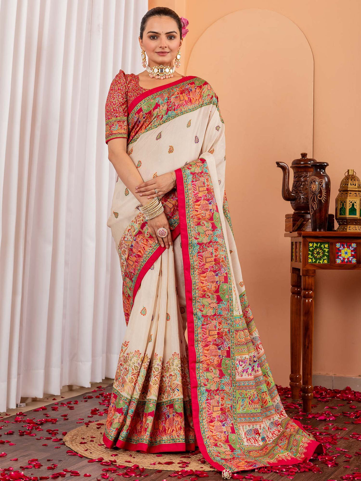 Cream Cream Tussar Silk Blend Printed Saree