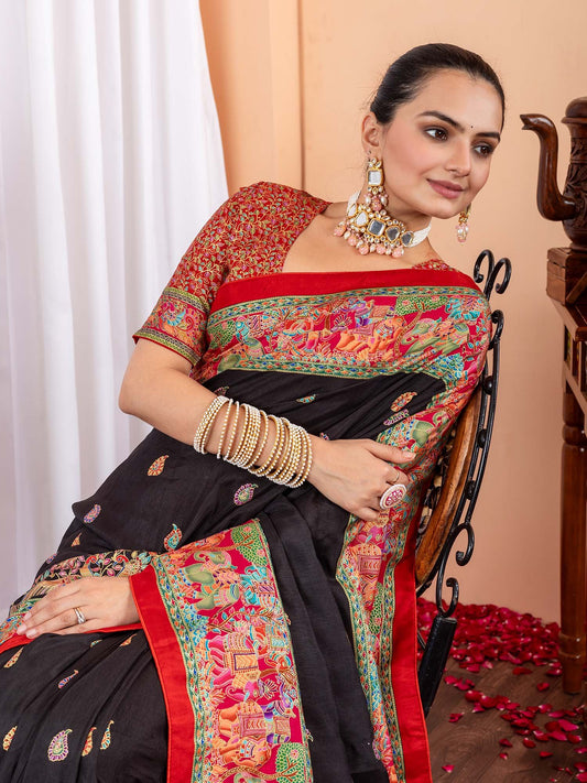 Black Black Tussar Silk Blend Printed Saree