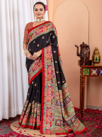 Black Tussar Silk Blend Printed Saree