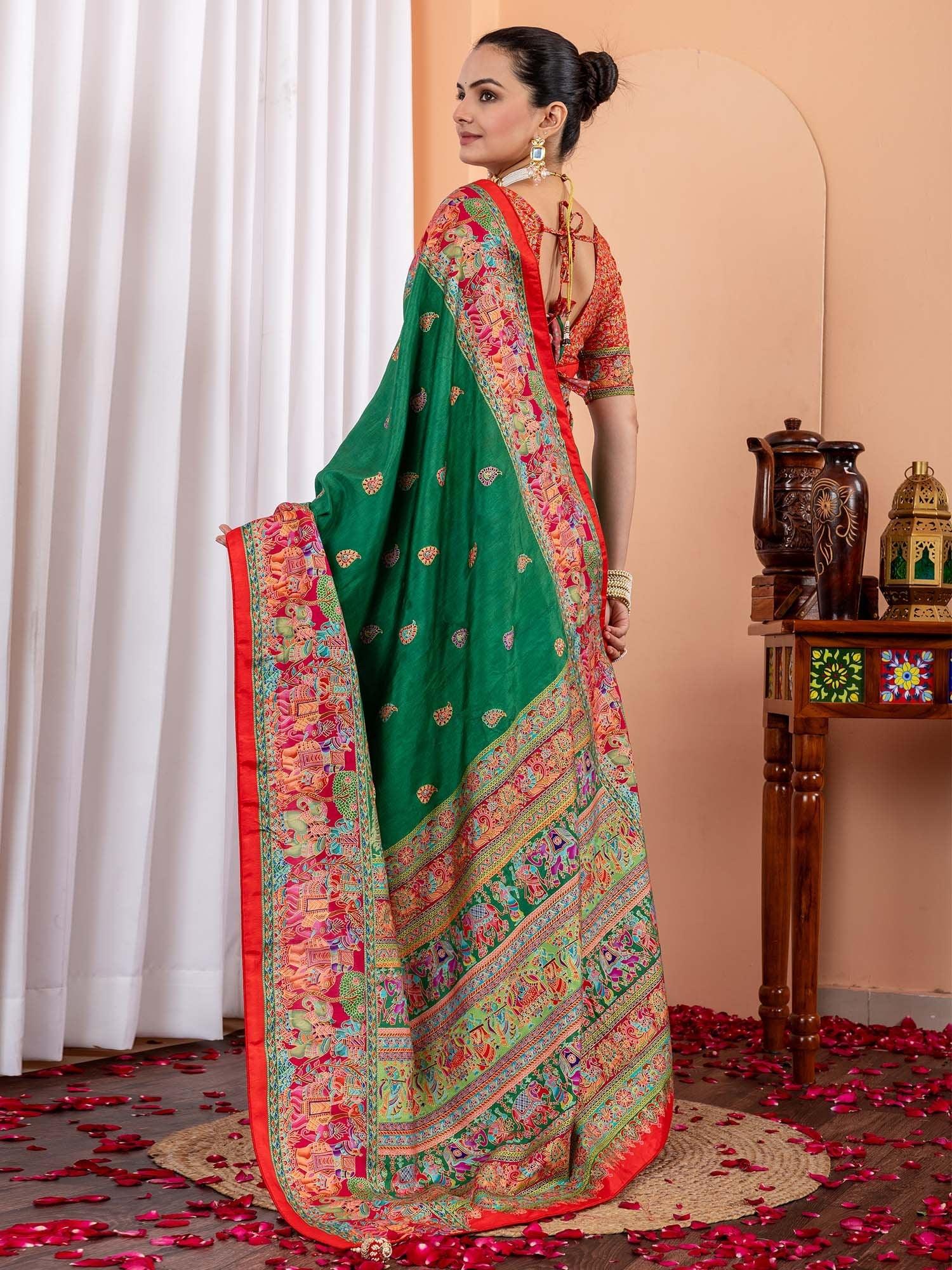 Green Tussar Silk Blend Printed Saree - The Dori Store