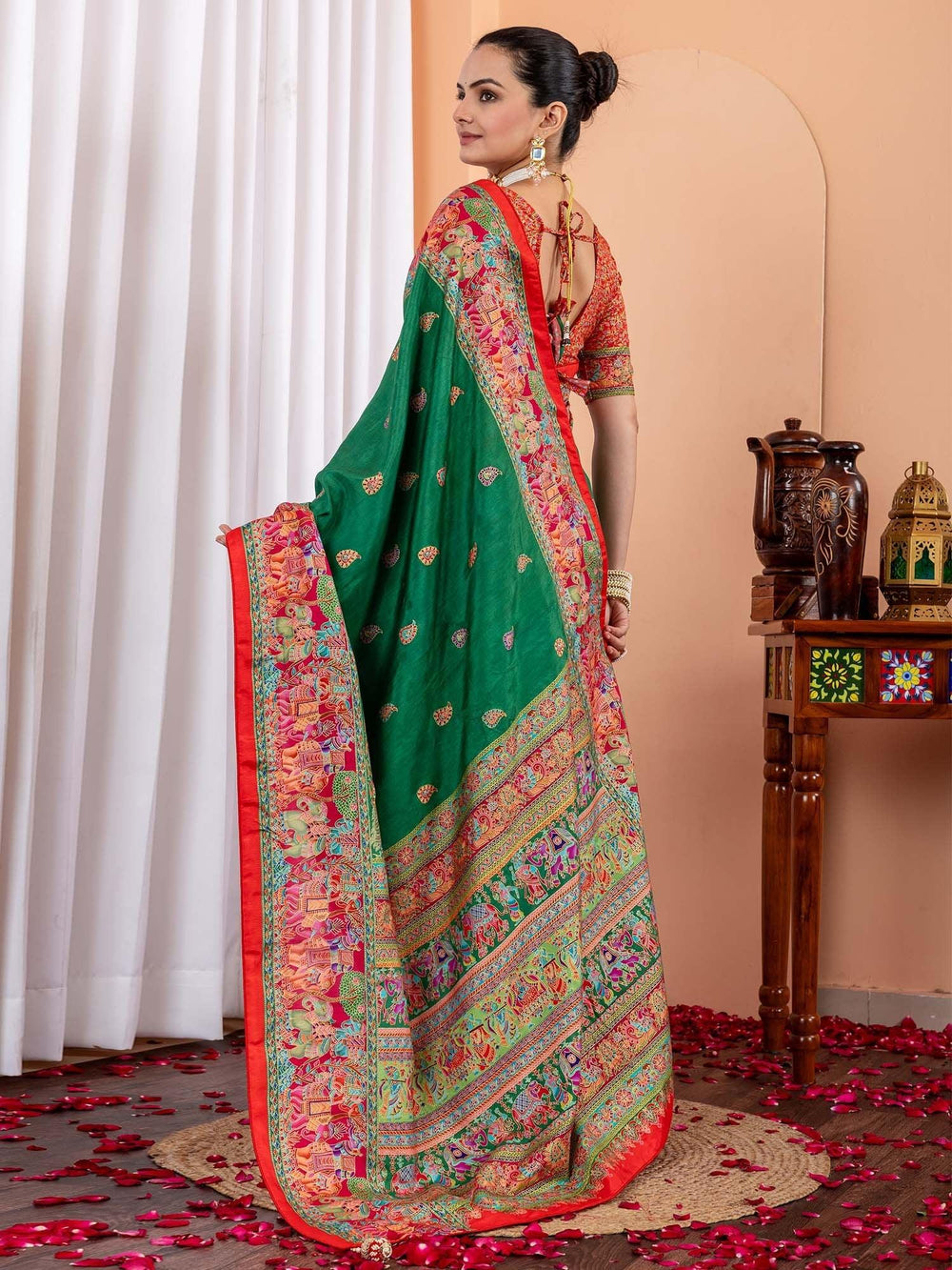 Green Tussar Silk Blend Printed Saree - The Dori Store