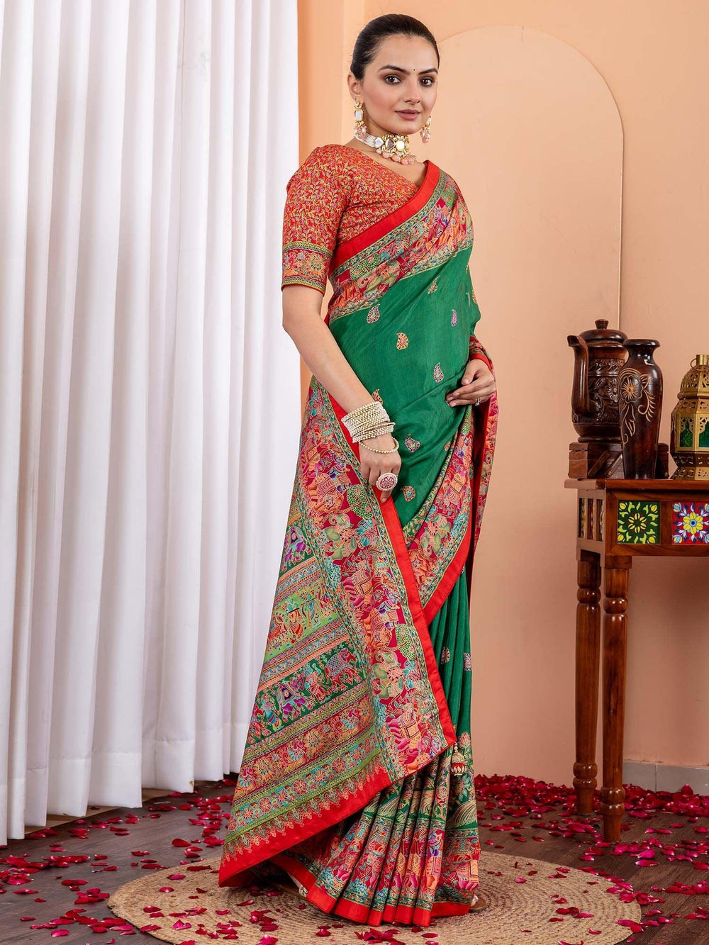 Green Tussar Silk Blend Printed Saree - The Dori Store