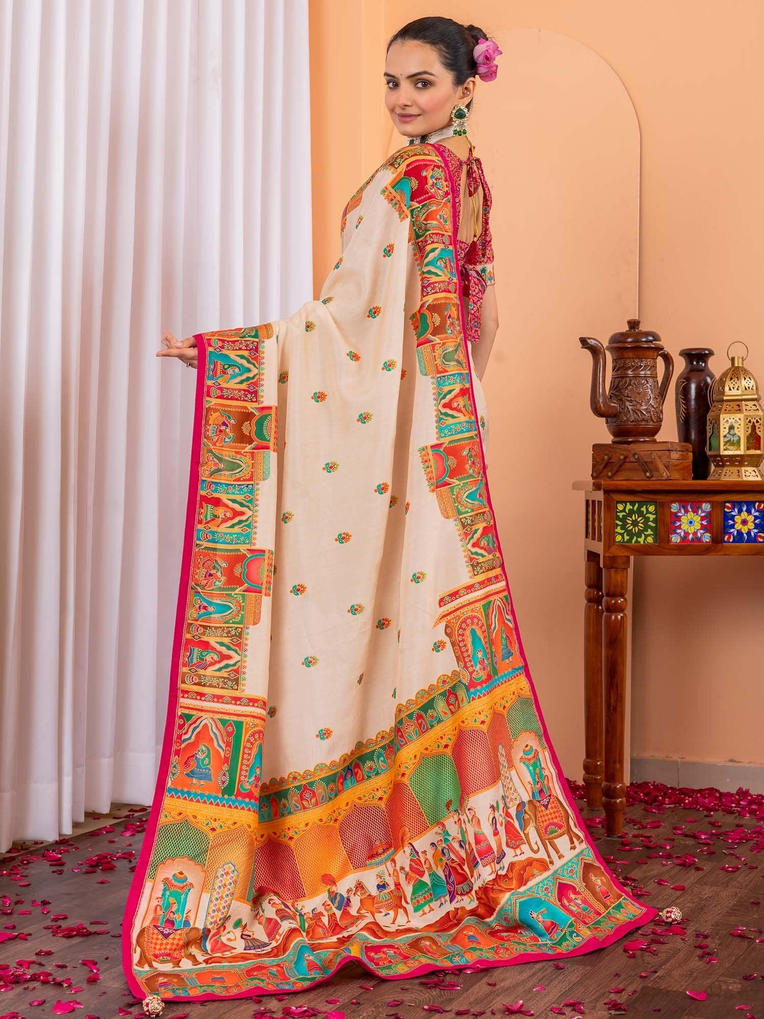 Beige Tussar Silk Blend Printed Saree