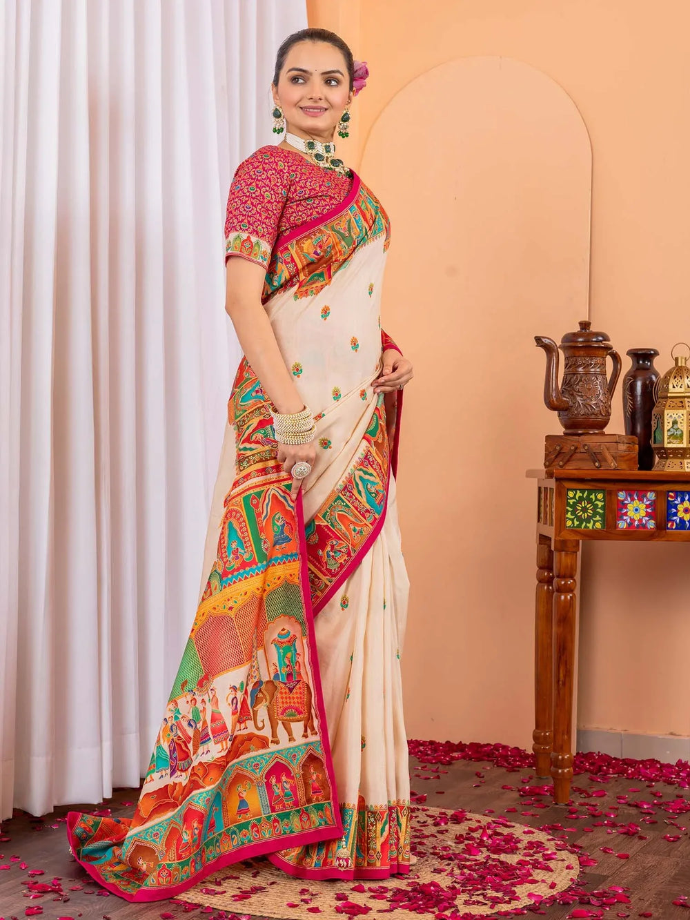 Cream Beige Tussar Silk Blend Printed Saree