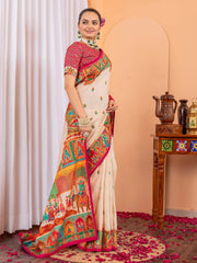 Cream Beige Tussar Silk Blend Printed Saree