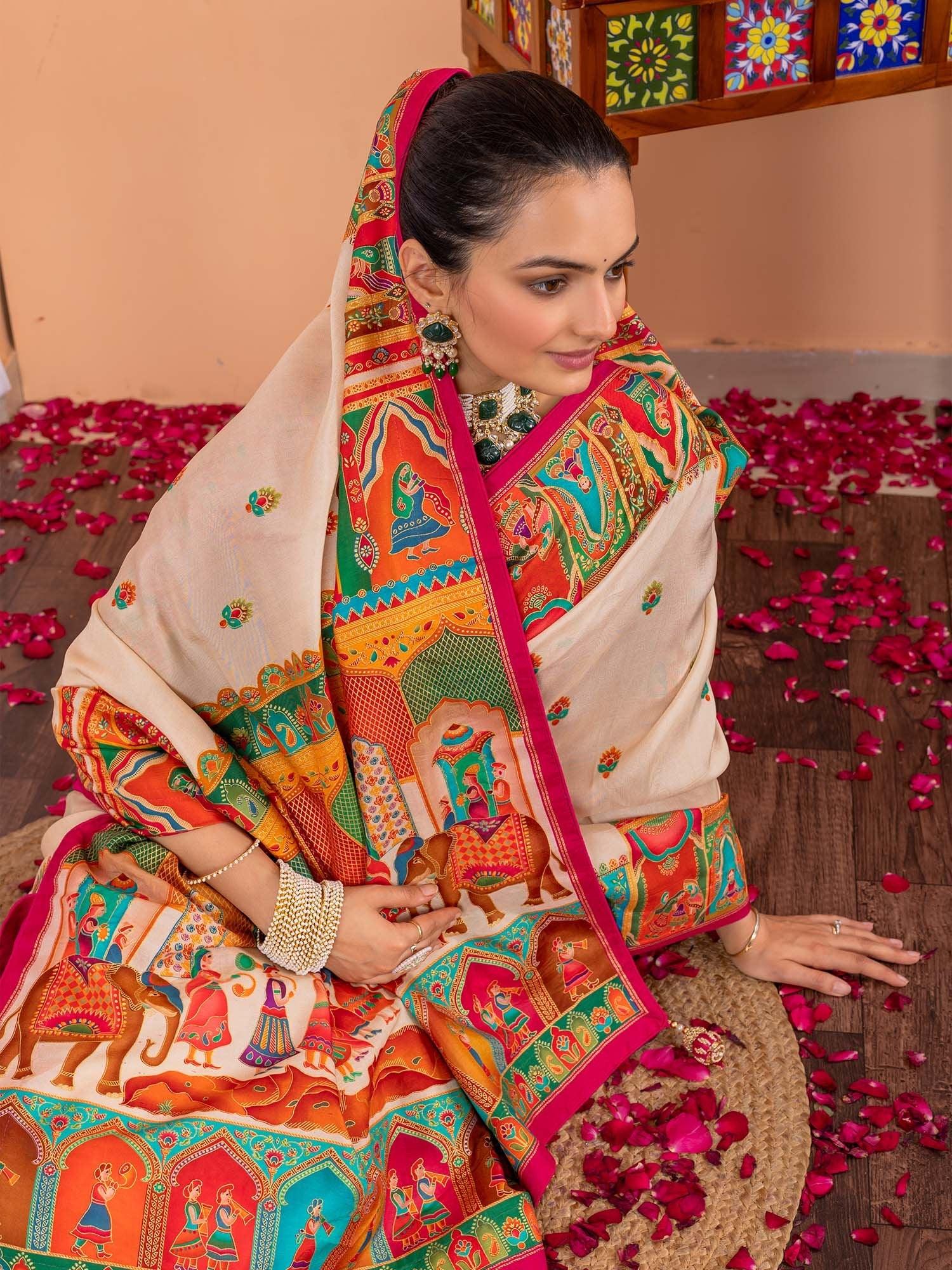 Beige Tussar Silk Blend Printed Saree