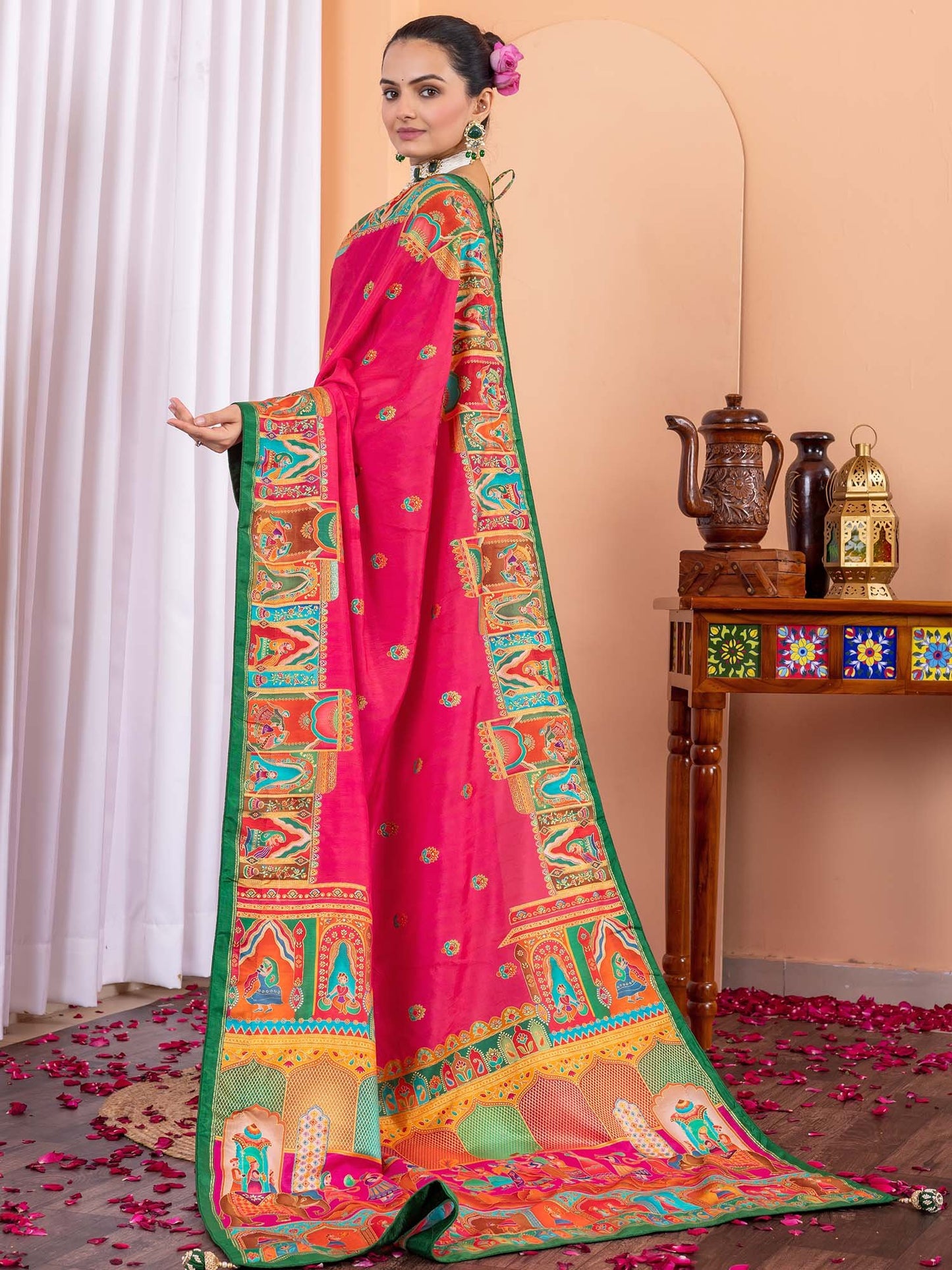 Pink Tussar Silk Blend Printed Saree