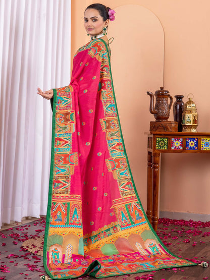 Pink Tussar Silk Blend Printed Saree