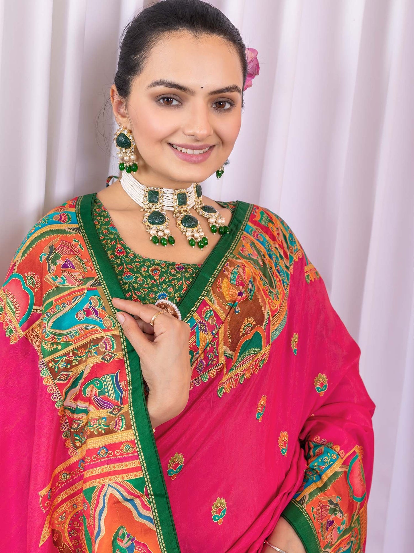 Pink Tussar Silk Blend Printed Saree