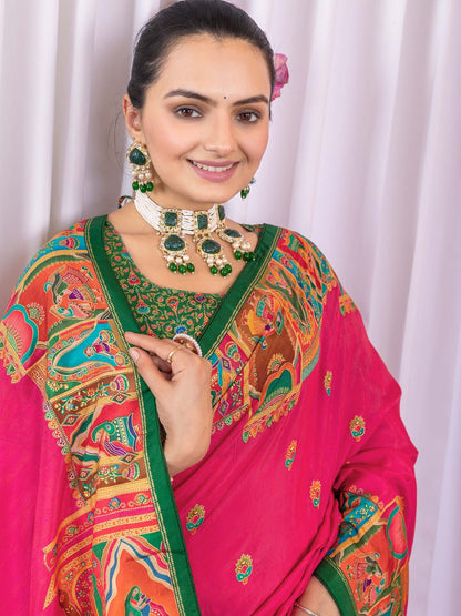 Pink Tussar Silk Blend Printed Saree