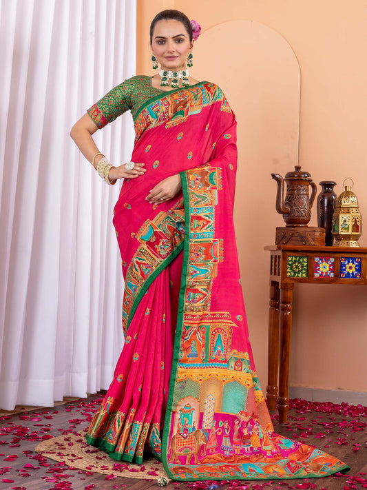 Pink Pink Tussar Silk Blend Printed Saree
