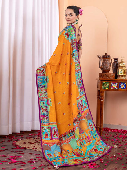 Mustard Tussar Silk Blend Printed Saree