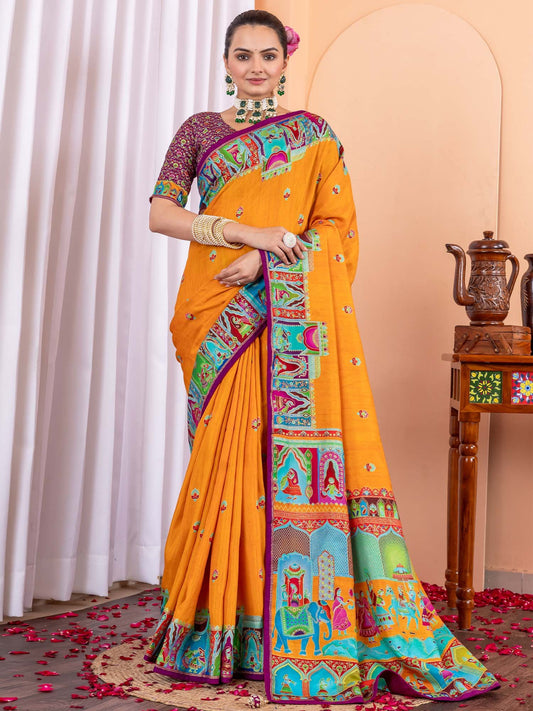 Yellow Mustard Tussar Silk Blend Printed Saree