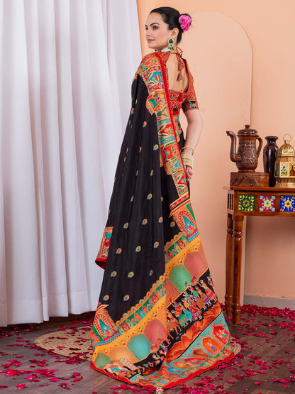 Black Tussar Silk Blend Printed Saree